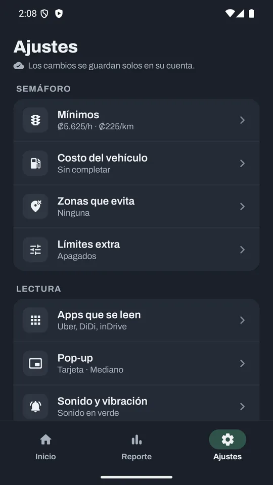 Pantalla de Ajustes de KmJusto: mínimos, costo del vehículo, zonas que evita, límites, apps y pop-up