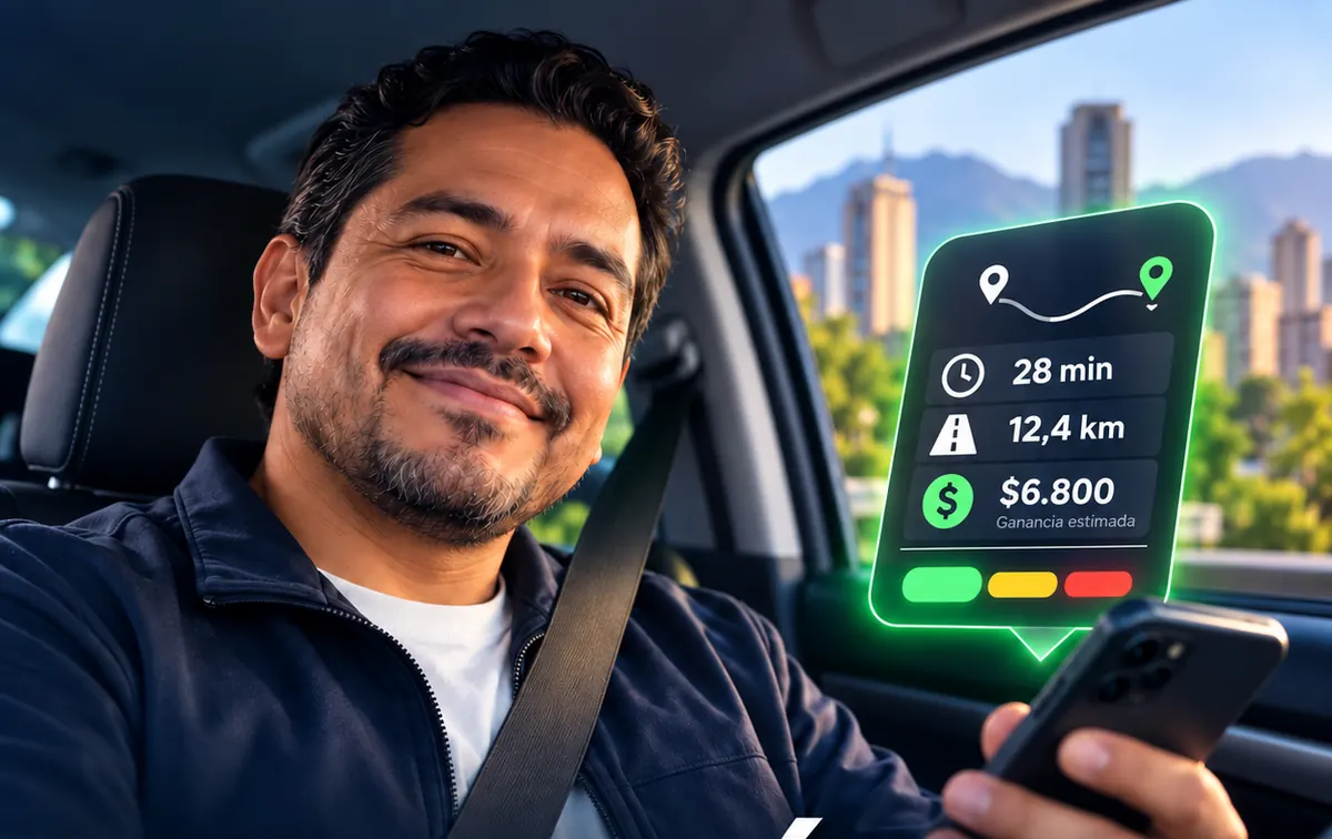 Chofer sonriendo dentro de su carro, con el teléfono en la mano
